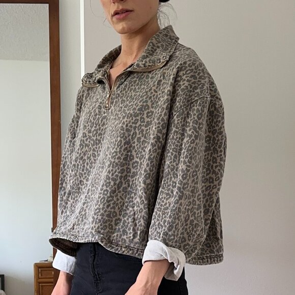Fashion Nova 1X Oversized Washed Out Leopard Print Quarter Zip - Picture 1 of 1
